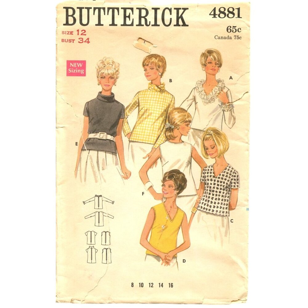 Butterick 4881 Womens Blouse Sewing Pattern Bust 34 Size 12 Multiple Styles Vint